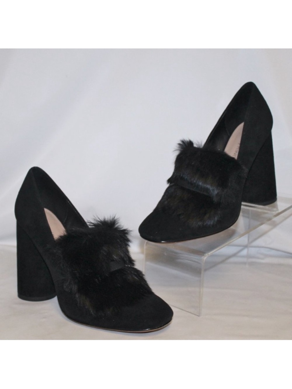 Black Fur Accent Block Heel Pumps